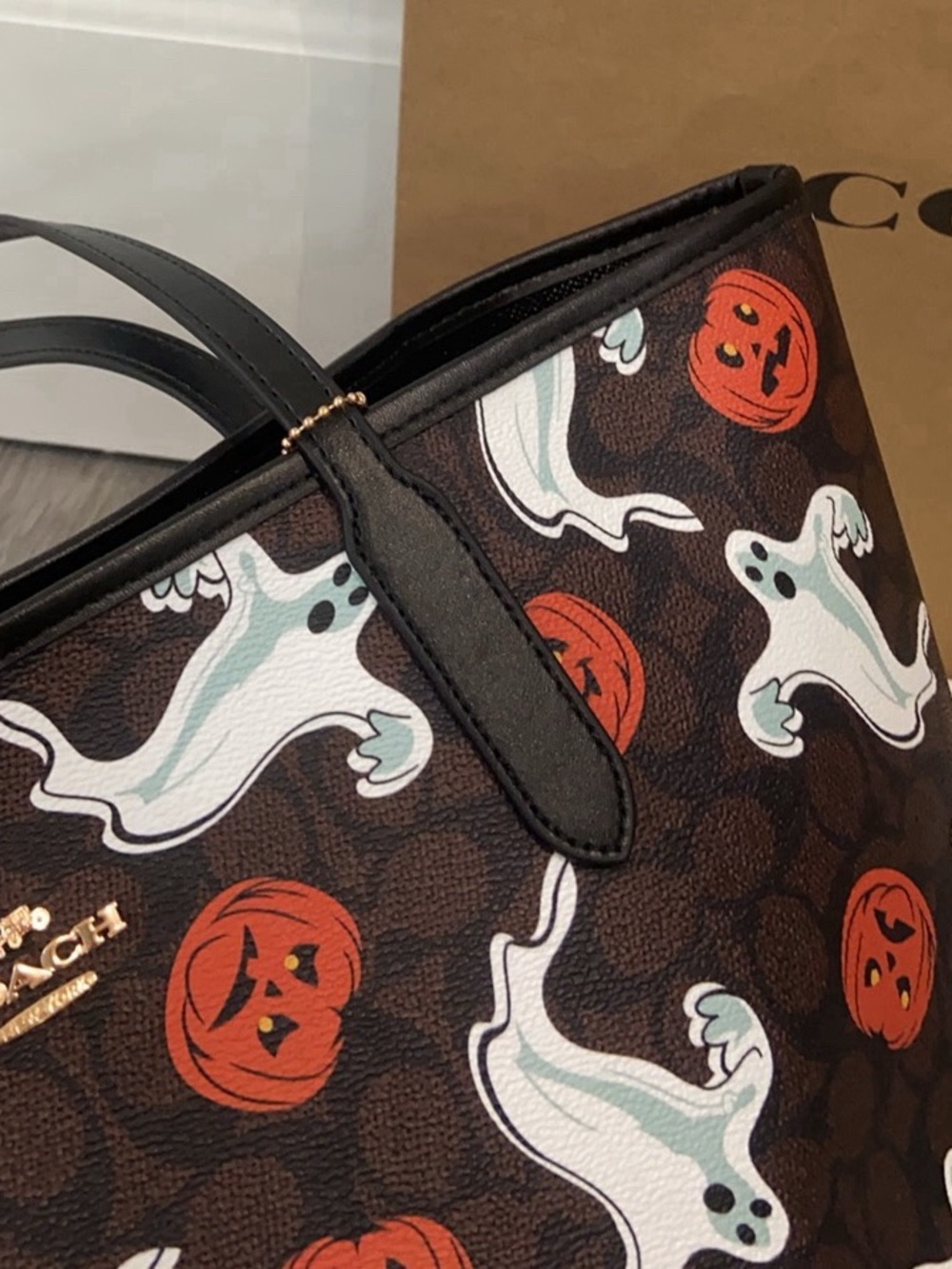 Coach Brown Tote with White Ghosts and Orange Pumpkins - Picture 4 of 8